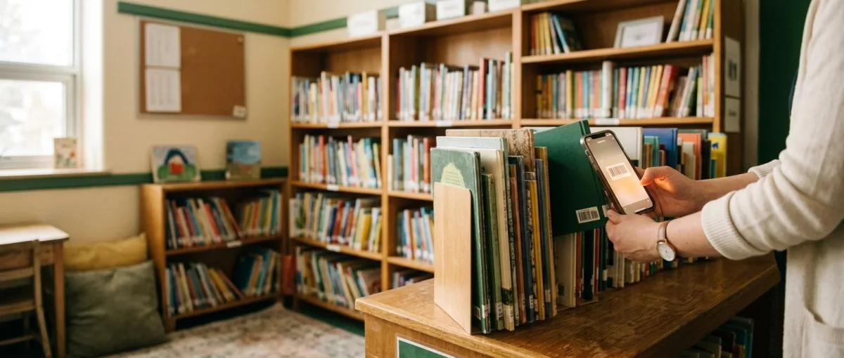 A teacher scanning a book barcode with a phone in a warm, well-organized classroom library