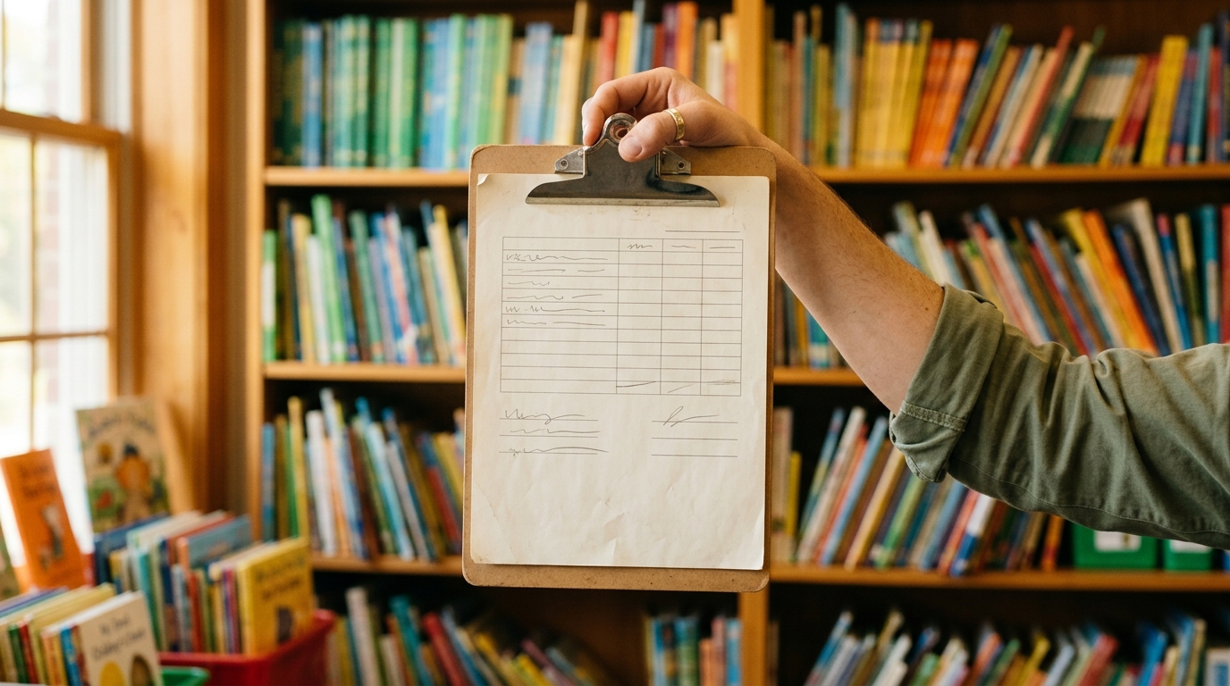 A teacher's hand holding a clipboard checkout sheet in front of a classroom bookshelf