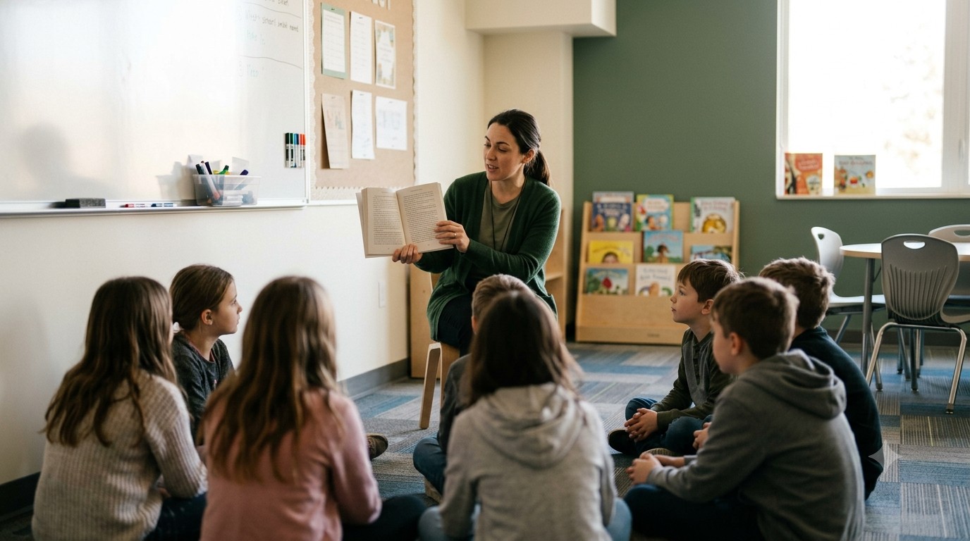 A teacher reading aloud from a book to a group of students seated on the classroom floor