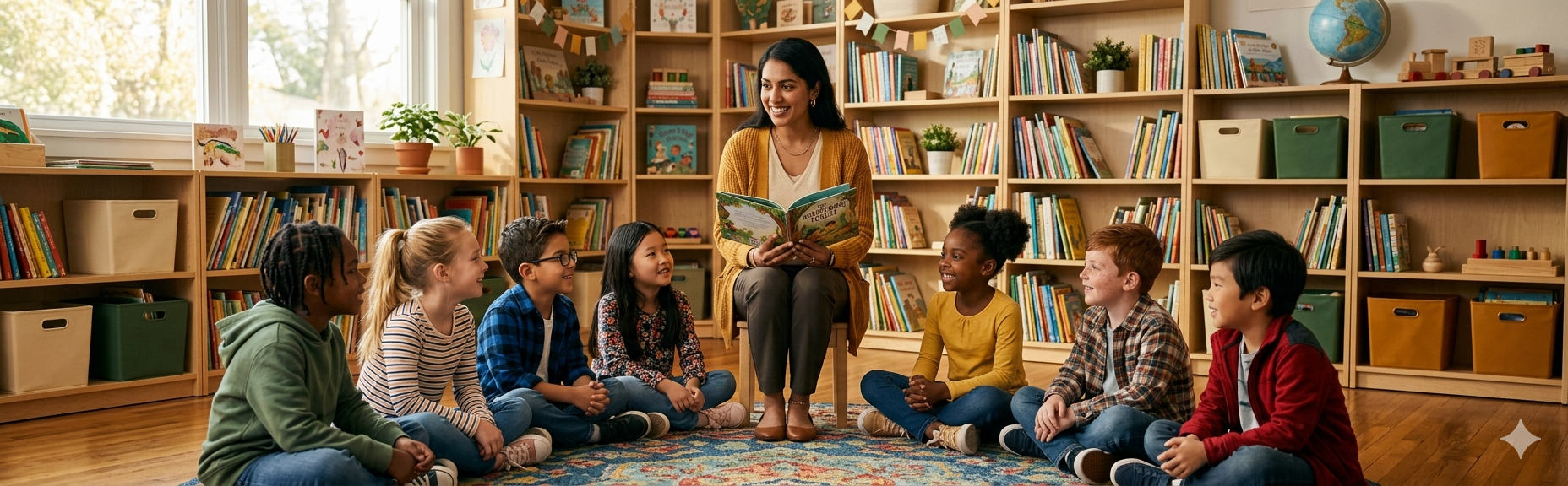 Teacher reading aloud in a warm classroom circle with diverse students