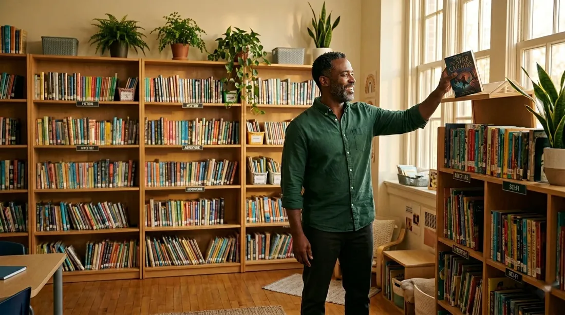 Teacher in a beautifully organised classroom library