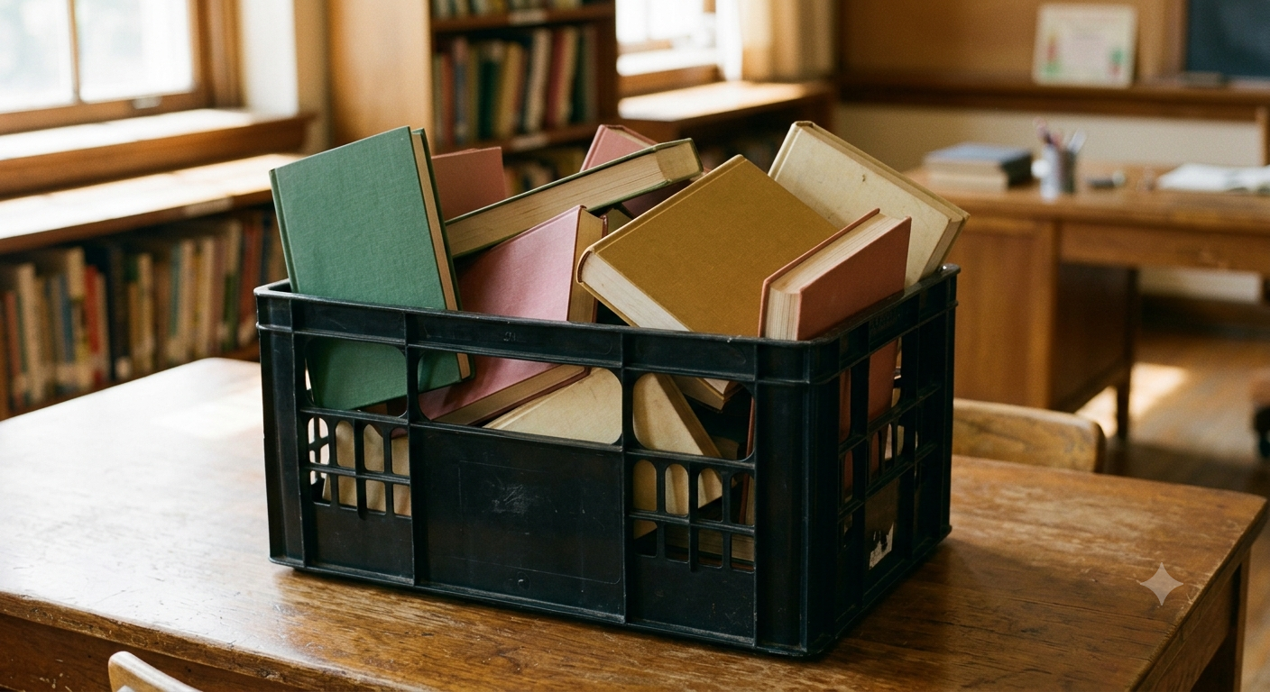 A messy crate of books, disorganized