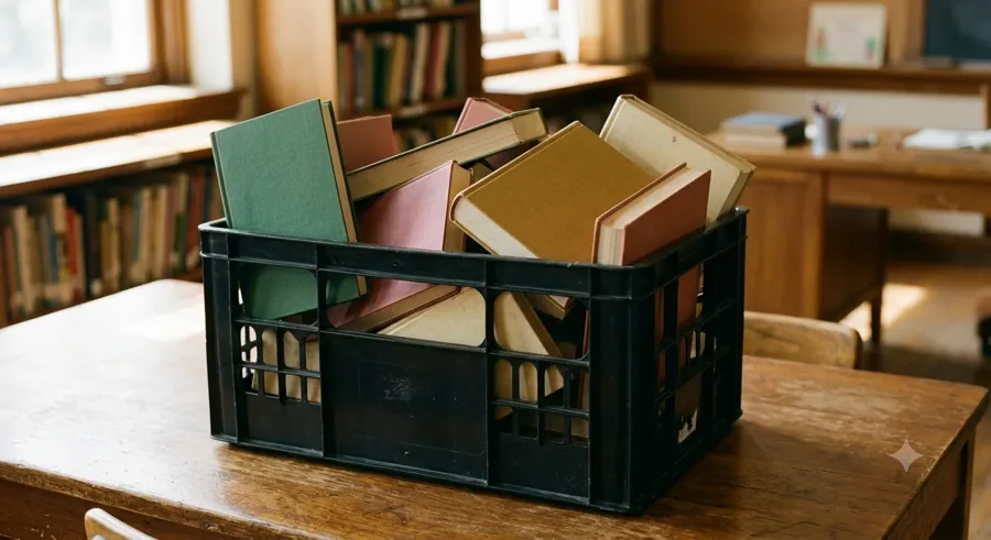 A messy crate of books, disorganized