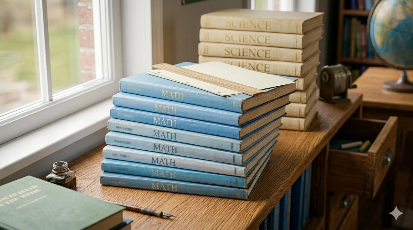 A stack of textbooks on a classroom windowsill